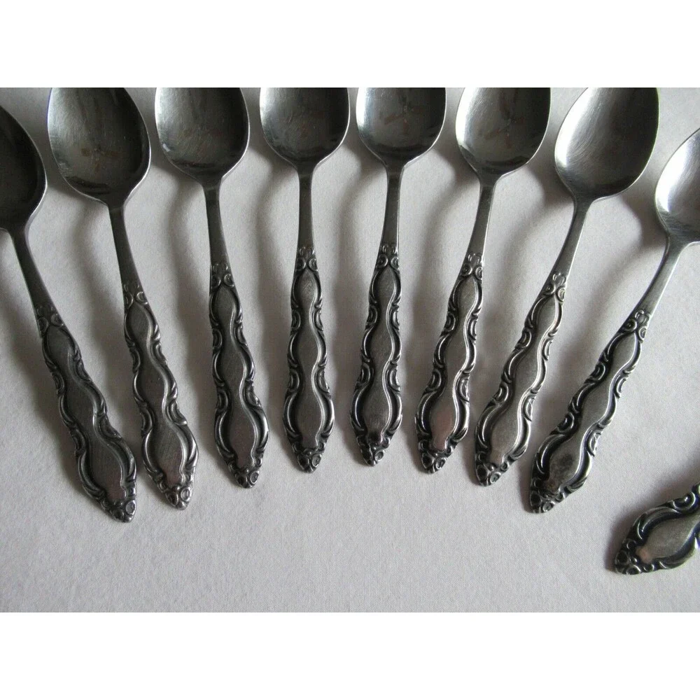Lot of 9 National Stainless Marquee 8 Teaspoon +1 Sugar Spoon Japan Vintage 6.2
